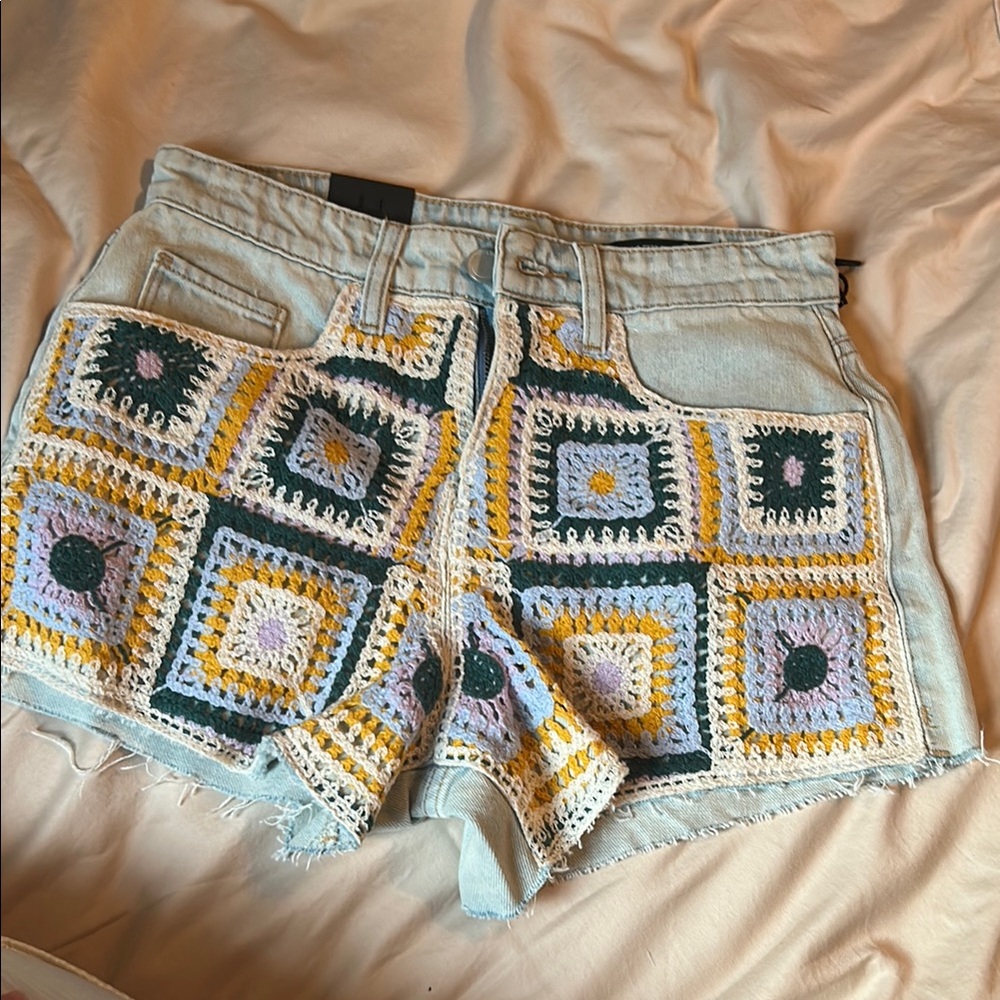 Blank NYC Green and Yellow Jean Shorts with Southwestern Embellishments